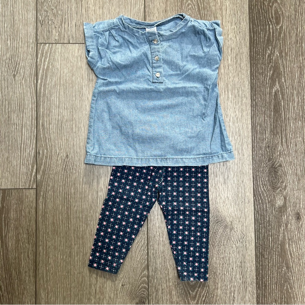 CARTERS 2PC SHORT SLEEVE CHAMBRAY SHIRT AND LEGGINGS OUTFIT 6MO
